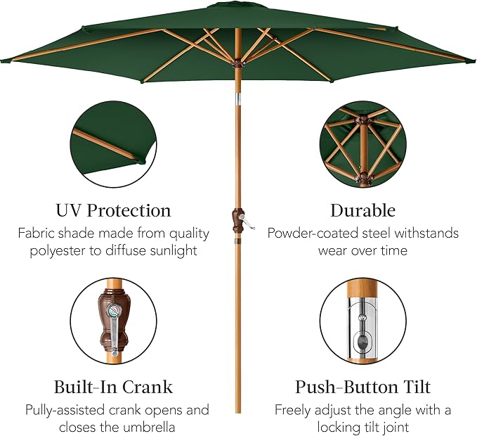 Best Choice Products 10ft Market Umbrella, Outdoor Sun Shade for Backyard, Deck, Poolside, Table w/Woodgrain Pattern, Easy Tilt & Crank - Green