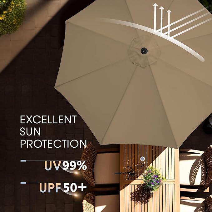 wikiwiki 9 FT Patio Umbrellas Outdoor Table Market Umbrella with Push Button Tilt/Crank, 8 Sturdy Ribs, Fade Resistant Waterproof POLYESTER DTY Canopy for Garden, Lawn, Deck, Backyard & Pool, Tan