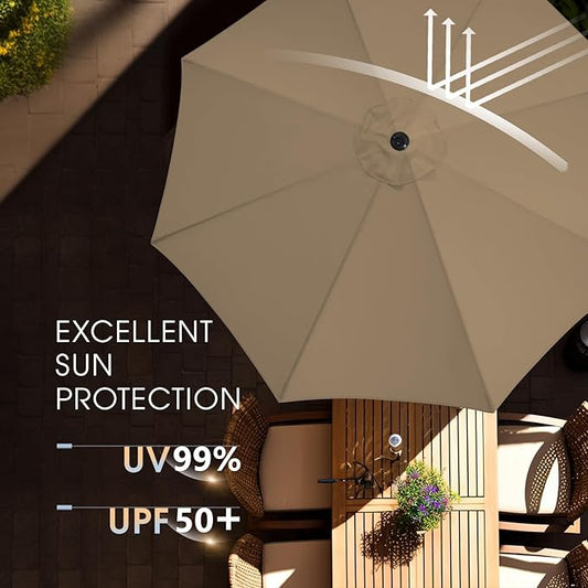 wikiwiki 9 FT Patio Umbrellas Outdoor Table Market Umbrella with Push Button Tilt/Crank, 8 Sturdy Ribs, Fade Resistant Waterproof POLYESTER DTY Canopy for Garden, Lawn, Deck, Backyard & Pool, Tan