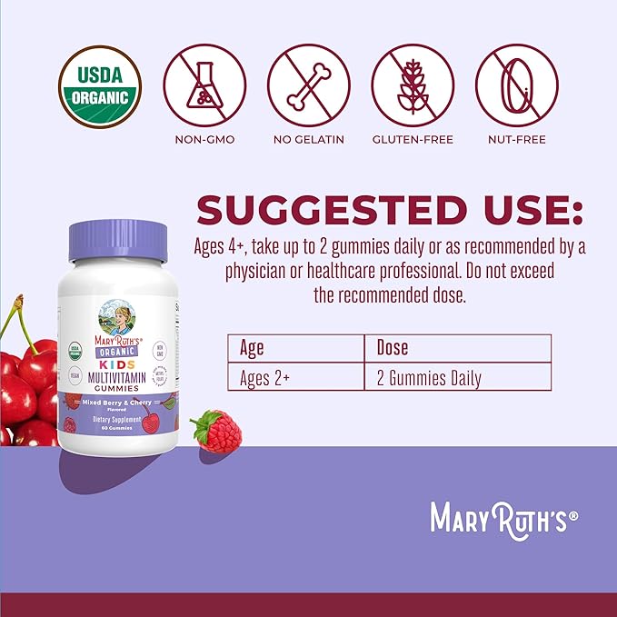 MaryRuth Organics Kids Vitamins | Multi | 1 Month Supply | Kids Multivitamin Gummies for Ages 4+ | Vegan | Only 2 Gummies a Day | 60 Count