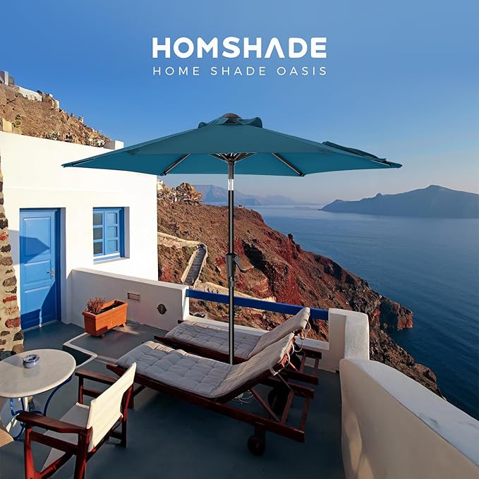 7.5ft Outdoor Patio Umbrella - Market Table Pool Deck Umbrella UPF50+ UV Protection with Push Button Tilt, Crank and 6 Sturdy Ribs (Peacock Blue, No base)
