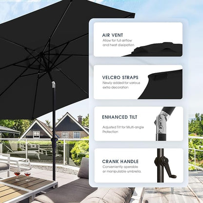 wikiwiki 9 FT Patio Umbrellas Outdoor Table Market Umbrella with Push Button Tilt/Crank,8 Sturdy Ribs, Fade Resistant Waterproof POLYESTER DTY Canopy for Garden, Lawn, Deck, Backyard & Pool, Black