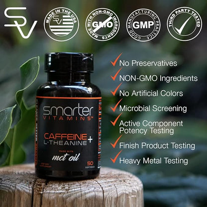SmarterVitamins 200mg Caffeine Pills - MCT Oil from 100% Coconuts + 100mg L-Theanine, Energy and Focus, Extended Release Capsule, 50 Liquid Softgels