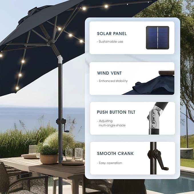 wikiwiki 7.5ft Solar Led Patio Umbrella, Sturdy Outdoor Market Umbrella for Deck, Pool, Garden w/Tilt, Crank, 18 LED Lights, Navy Blue