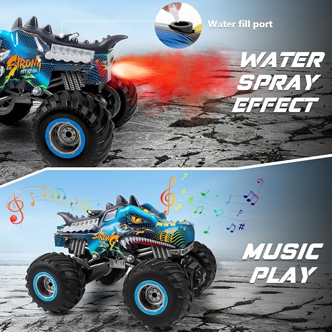 Remote Control Dinosaur Car, 2.4GHz All Terrain Remote Control Monster Truck, RC Dinosaur Monster Car, Spray Music Monster Truck RC Cars for Boys 4-7 8-12 and Girls