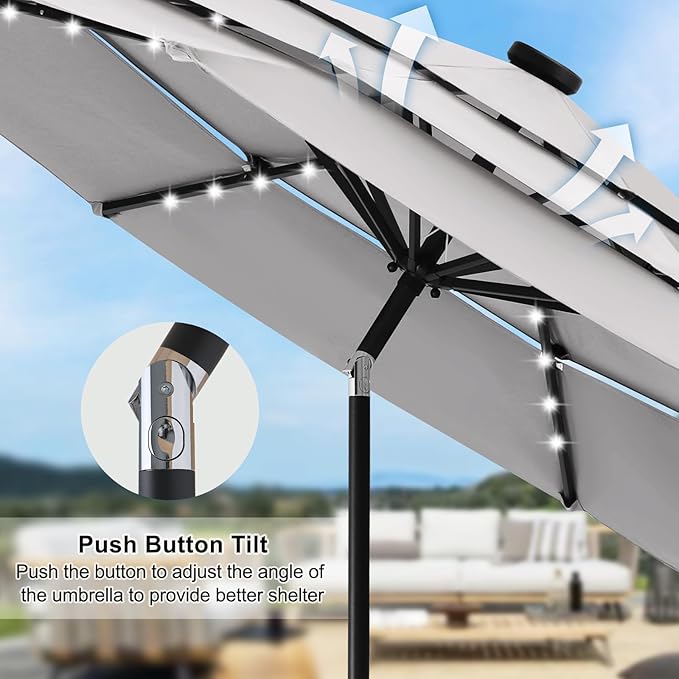 ABCCANOPY 3 Tiers 11FT Solar Led Lighted Patio Umbrellas (Gray)
