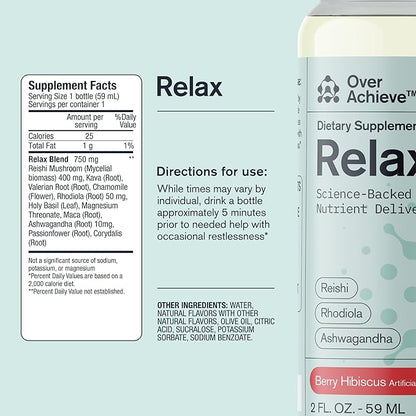Relax Drink for Relaxation and Stress Relief, Contains Ashwagandha, Rhodiola Rosea and Reishi Mushroom with Advanced Nanoscience Technology, 3 Pack Calm Nervous System Berry Hibiscus, 2oz