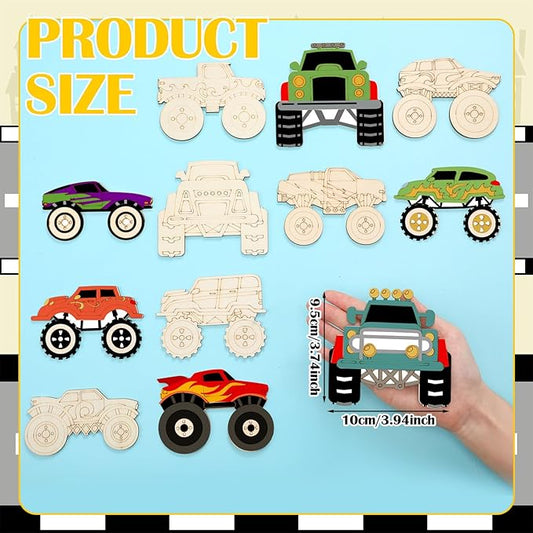 24 Pcs Unfinished Wood Monster Truck Cutouts Crafts Truck Party Favors Vehicles to Paint Wooden Car Magnets Ornaments DIY Tags Gift for Car Party Decoration Craft Project