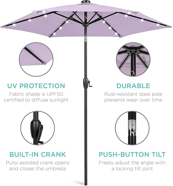 Best Choice Products 7.5ft Outdoor Solar Market Table Patio Umbrella for Deck, Pool w/Tilt, Crank, LED Lights - Lavender
