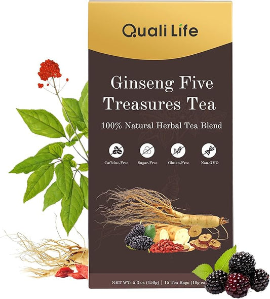 Ginseng Five Treasures Tea, Natural Kidney Cleanse Detox with Ginseng, Red Date, Mulberry Fruit, Maca, Wolfberry, Yam, Polygonatum for Men