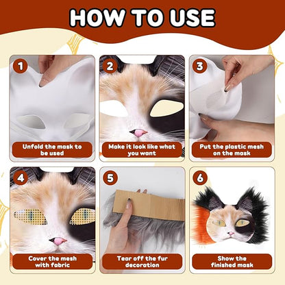 Cat Mask with Eye Mesh Fur Beard and Felt Fabric Sheet,98 PCS DIY Animal Mask Kit Cat Masks to Paint Blank Animal Dress Up Masks,DIY Face Mask Costume for Masquerade,Halloween Party,Cosplay