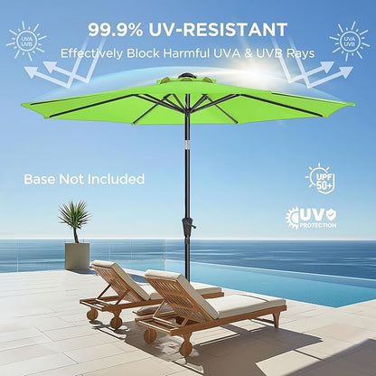 9ft Outdoor Patio Umbrella - Market Table Pool Deck Umbrella UPF50+ UV Protection with Push Button Tilt, Crank and 8 Sturdy Ribs (Apple Green, No base)