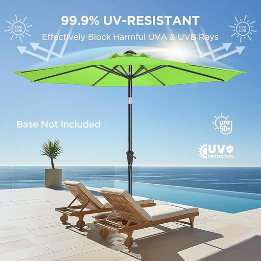 9ft Outdoor Patio Umbrella - Market Table Pool Deck Umbrella UPF50+ UV Protection with Push Button Tilt, Crank and 8 Sturdy Ribs (Apple Green, No base)
