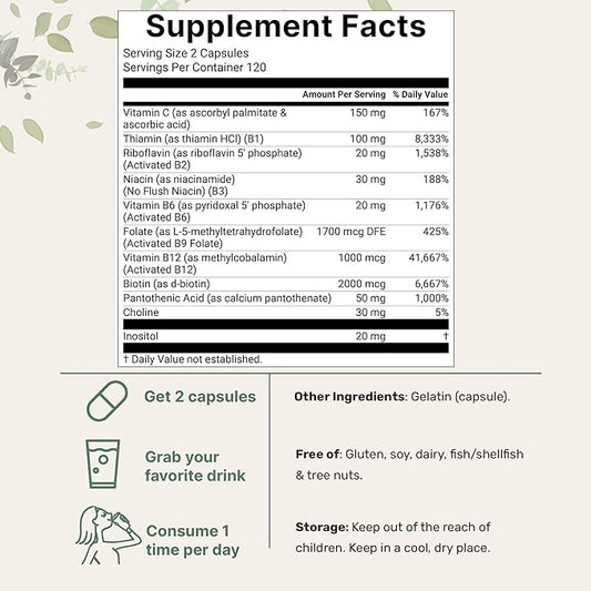 Pure Methylated B Complex for Women & Men | 240 Capsules with High Absorption Vitamin C | 11-in-1 with Vitamins B12, Thiamin, Folate + Inositol, Choline & More | Only Active Ingredients | Filler Free