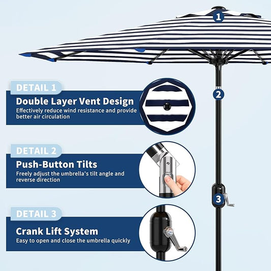 9Ft Patio Umbrella - 8 Sturdy Ribs Outdoor Table Umbrella with Crank Lift & Push Button Tilt - Market Umbrella for Pool, Deck, Yard, Garden - Light blue & White Stripe