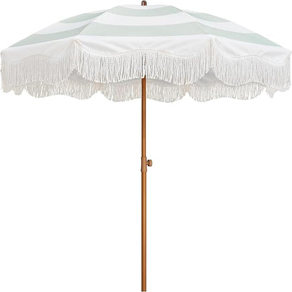 AMMSUN Boho Fringe Umbrella Outdoor Patio, 6.5ft UPF50+ Picnic Umbrella with Tassels with Steel Pole and Push Button Tilt, Vintage Green Stripe