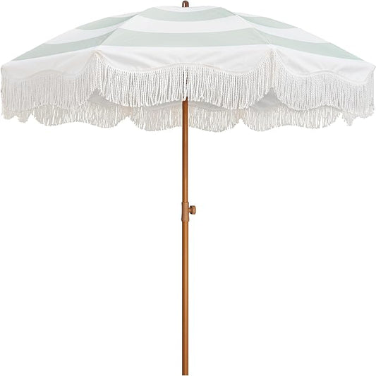 AMMSUN Boho Fringe Umbrella Outdoor Patio, 6.5ft UPF50+ Picnic Umbrella with Tassels with Steel Pole and Push Button Tilt, Vintage Green Stripe