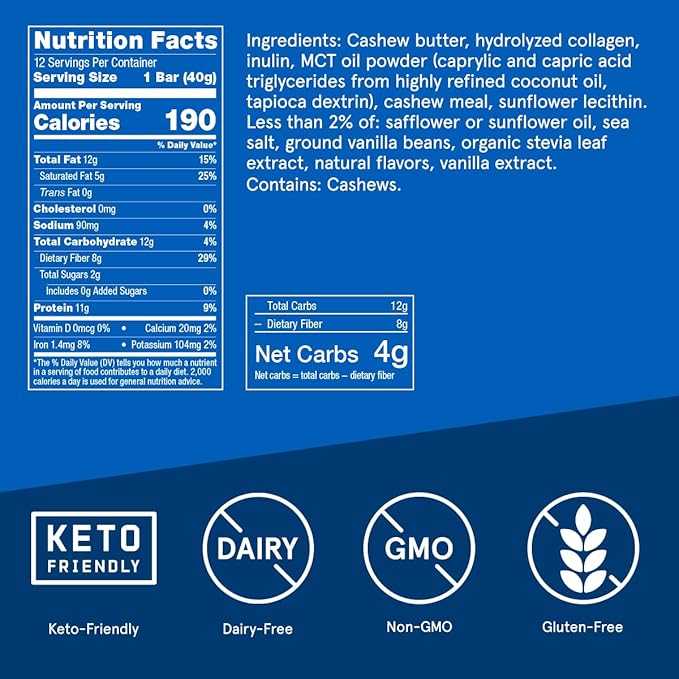 Bulletproof Vanilla Shortbread Collagen Protein Bars, Pack of 12, Keto-Friendly Snack with MCT Oil, 2g Sugar, No Added Sugar, Grass-Fed Collagen