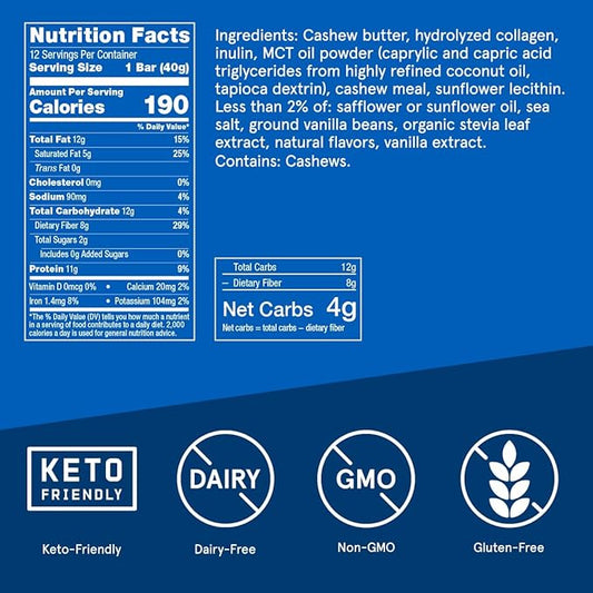 Bulletproof Vanilla Shortbread Collagen Protein Bars, Pack of 12, Keto-Friendly Snack with MCT Oil, 2g Sugar, No Added Sugar, Grass-Fed Collagen