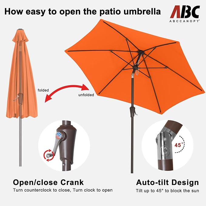 ABCCANOPY 7.5FT OutdoorPatio Umbrella, UV Protection Table Umbrella w/Crank for Easy Set Up, Suitable for Garden, Lawn, Deck & Backyard (Orange)