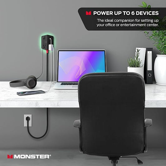 Monster Power Shield: Magnetic Wall Outlet Extender, Multiple Plug Outlet with 2 AC Outlets, 3 USB-A Ports, & 1 USB-C Port (20W)