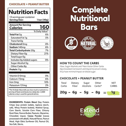 Extend Sugar Free Protein Bars, Perfect Diabetic Snacks, High Protein and Fiber, Hunger Control & Steady Energy, Low Carb, Keto Friendly, Chocolate Peanut Butter, 12 Count