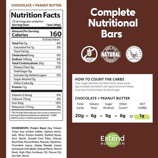 Extend Sugar Free Protein Bars, Perfect Diabetic Snacks, High Protein and Fiber, Hunger Control & Steady Energy, Low Carb, Keto Friendly, Chocolate Peanut Butter, 12 Count