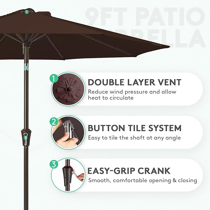 JEAREY 9FT Outdoor Patio Umbrella Outdoor Table Umbrella with Push Button Tilt and Crank, Market Umbrella 8 Sturdy Ribs UV Protection Waterproof for Garden, Deck, Backyard, Pool (Brown)