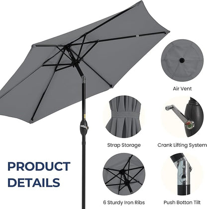 SUNVIVI OUTDOOR 7.5' Outdoor Patio Umbrella, Patio Umbrella, Market Umbrella, Metal Pole Umbrella with Push Button Tilt and Crank, 6 Ribs, Polyester Canopy