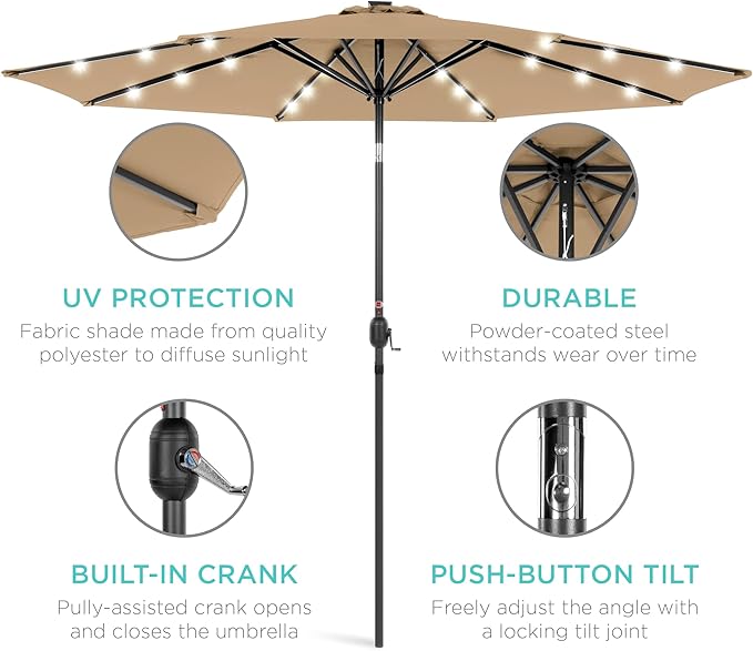 Best Choice Products 10ft Solar Polyester LED Lighted Patio Umbrella w/Tilt Adjustment and UV-Resistant Fabric - Tan