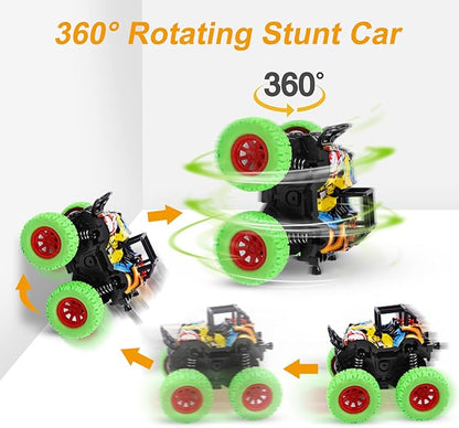 M SANMERSEN Monster Truck Toys for Ages 2-4, Friction Cars for Toddlers 1-3 Push and Go 360° Rotating Stunt Car for 2+ Year Old Boys Girls Gifts (4 Pack - Blue/Green/Red/Yellow)