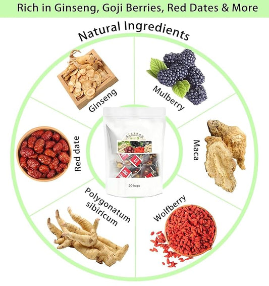 Ginseng Five Treasures Tea Kidney Tea - Kidney Cleanse Ginseng Six Treasures Teas, 6 Precious Ingredients Red Date Wolfberry Mulberry Natural Organic Detox Teabag for Women & Men (1 Bag(20 Teabag))