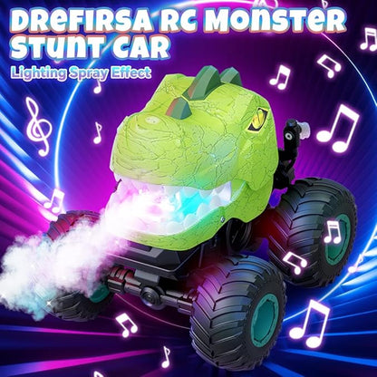 Dinosaur Remote Control Car for Boys 4-7 8-12, 50min+ Runtime RC Car with Spray, LED Light, 360° Rotating & 90° Driving, RC Monster Truck Toy for Kids Birthday