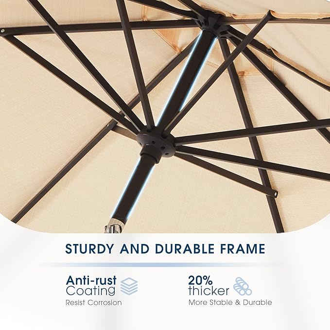 wikiwiki 9 FT Patio Umbrellas Outdoor Table Market Umbrella with Push Button Tilt/Crank, 8 Sturdy Ribs, Fade Resistant Waterproof POLYESTER DTY Canopy for Garden, Lawn, Backyard & Pool, Cream Beige