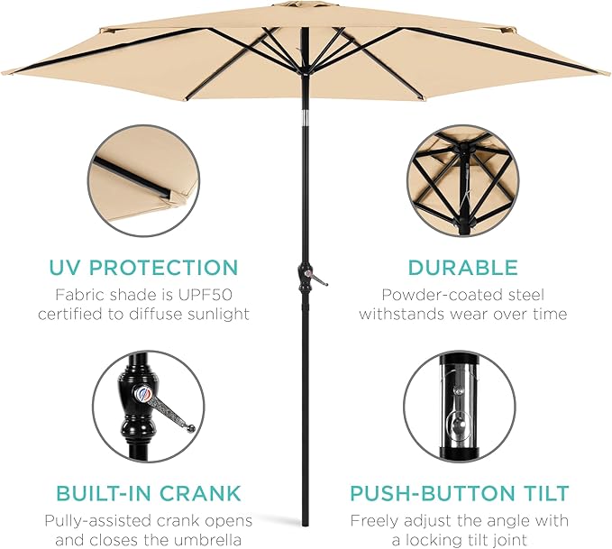 Best Choice Products 10ft Outdoor Steel Polyester Market Patio Umbrella w/Crank, Easy Push Button, Tilt, Table Compatible - Sand