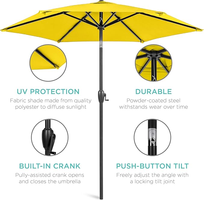 Best Choice Products 7.5ft Heavy-Duty Round Outdoor Market Table Patio Umbrella w/Steel Pole, Push Button Tilt, Easy Crank Lift - Yellow