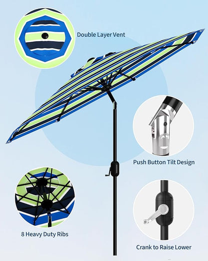9FT Patio Umbrella Outdoor, Market Umbrella, Table Umbrella with Push Button Tilt and Crank, 8 Sturdy Ribs UV Protection Waterproof for Garden, Pool, Deck, Backyard (Yellow-Blue-Purple Striped)