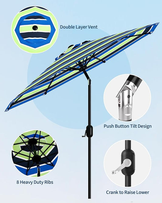 9FT Patio Umbrella Outdoor, Market Umbrella, Table Umbrella with Push Button Tilt and Crank, 8 Sturdy Ribs UV Protection Waterproof for Garden, Pool, Deck, Backyard (Yellow-Blue-Purple Striped)