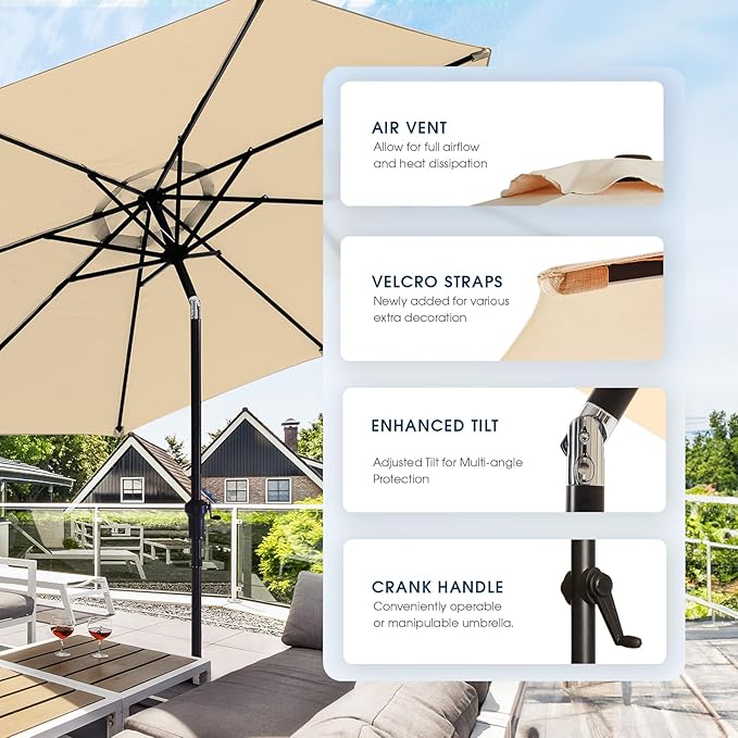 wikiwiki 9 FT Patio Umbrellas Outdoor Table Market Umbrella with Push Button Tilt/Crank, 8 Sturdy Ribs, Fade Resistant Waterproof POLYESTER DTY Canopy for Garden, Lawn, Backyard & Pool, Cream Beige