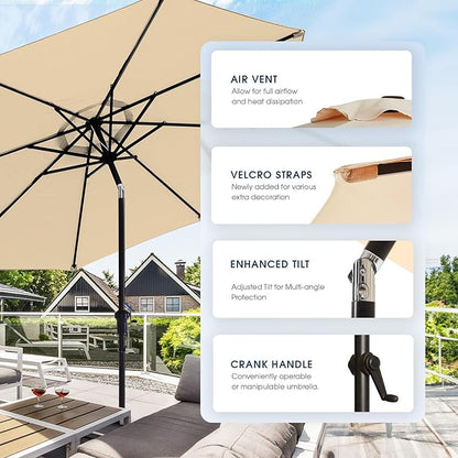 wikiwiki 9 FT Patio Umbrellas Outdoor Table Market Umbrella with Push Button Tilt/Crank, 8 Sturdy Ribs, Fade Resistant Waterproof POLYESTER DTY Canopy for Garden, Lawn, Backyard & Pool, Cream Beige