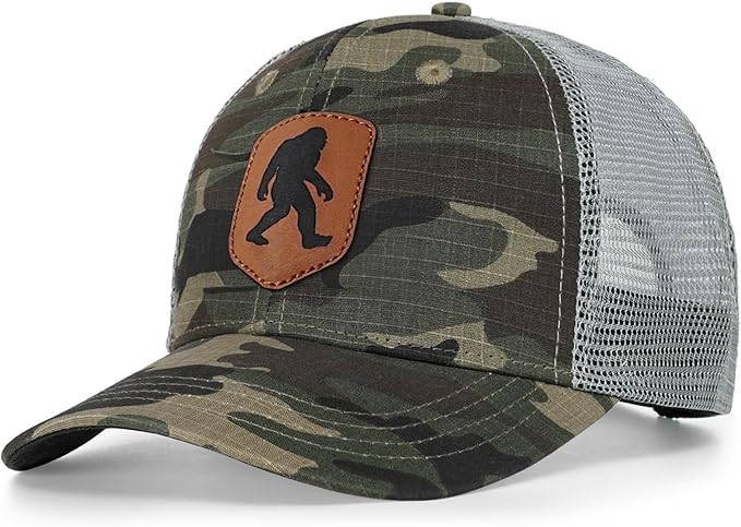 Mesh Bigfoot Hat Leather Cap for Men- Great Snapback Closure Sasquatch Hat for Hunting & Hiking