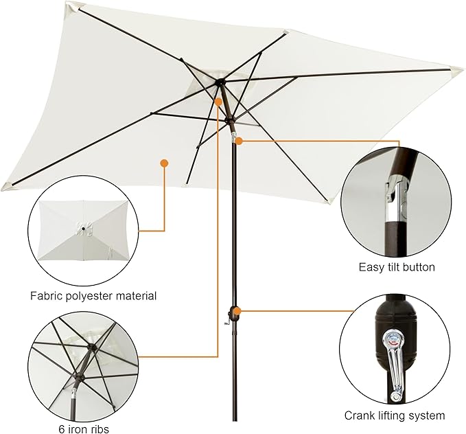 Blissun Rectangular Patio Umbrella, Table Market Umbrella with Tilt and Crank, Outdoor Umbrella for Garden, Deck, Backyard, Pool and Beach