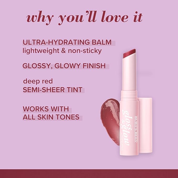 Burts Bees Gloss and Glow Glossy Balm, 100% Natural Origin, Wine Wednesday, 1 Tube, Pack of 2