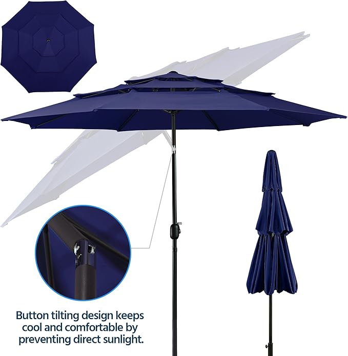 Yaheetech 3-Tier Patio Parasol 10ft Vented Outdoor Table Umbrella Double-layer Cloth & Large Shade for Yard/Garden/Park/Garden Navy Blue