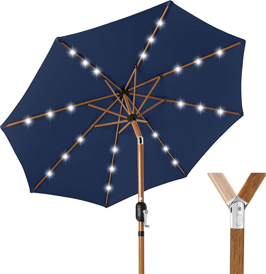Best Choice Products 10ft Solar Market Patio Umbrella w/Woodgrain Pattern Pole, LED Lights, Tilt & Crank – Outdoor Sun Shade for Backyard Table, Deck, Poolside – Navy Blue