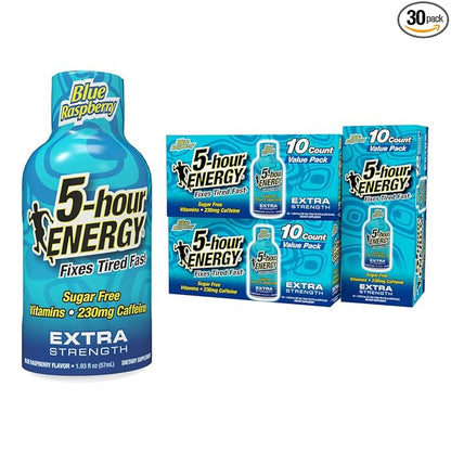 5-Hour ENERGY Shots Extra Strength | Blue Raspberry Flavor | 1.93 oz. 30 Count | Sugar Free, Zero Calories | Amino Acids and Essential B Vitamins | Dietary Supplement | Feel Alert and Energized