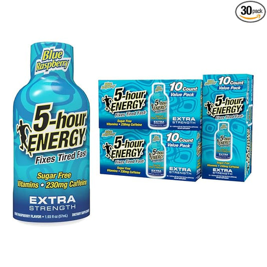 5-Hour ENERGY Shots Extra Strength | Blue Raspberry Flavor | 1.93 oz. 30 Count | Sugar Free, Zero Calories | Amino Acids and Essential B Vitamins | Dietary Supplement | Feel Alert and Energized