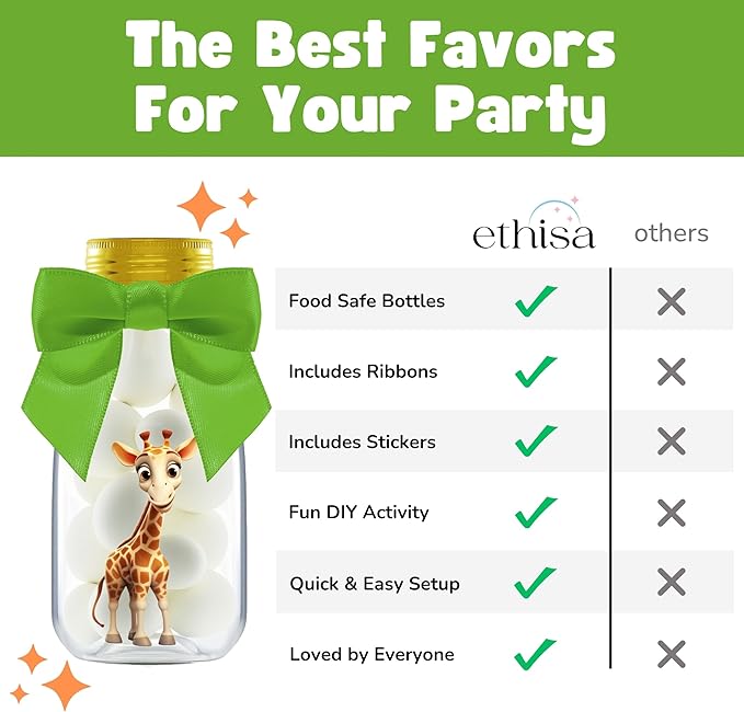 Small 12 Pack Safari Party Favors - DIY Candy Jars with Ribbons and Stickers - Party Decoration Bottles for Birthday, School Classroom, and Baby Shower - Giftable Table Centerpieces for Kids