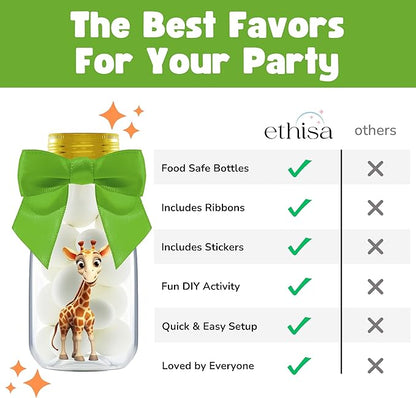 Small 12 Pack Safari Party Favors - DIY Candy Jars with Ribbons and Stickers - Party Decoration Bottles for Birthday, School Classroom, and Baby Shower - Giftable Table Centerpieces for Kids