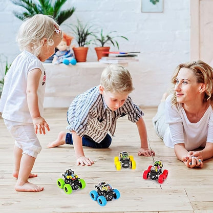 M SANMERSEN Monster Truck Toys for Ages 2-4, Friction Cars for Toddlers 1-3 Push and Go 360° Rotating Stunt Car for 2+ Year Old Boys Girls Gifts (4 Pack - Blue/Green/Red/Yellow)